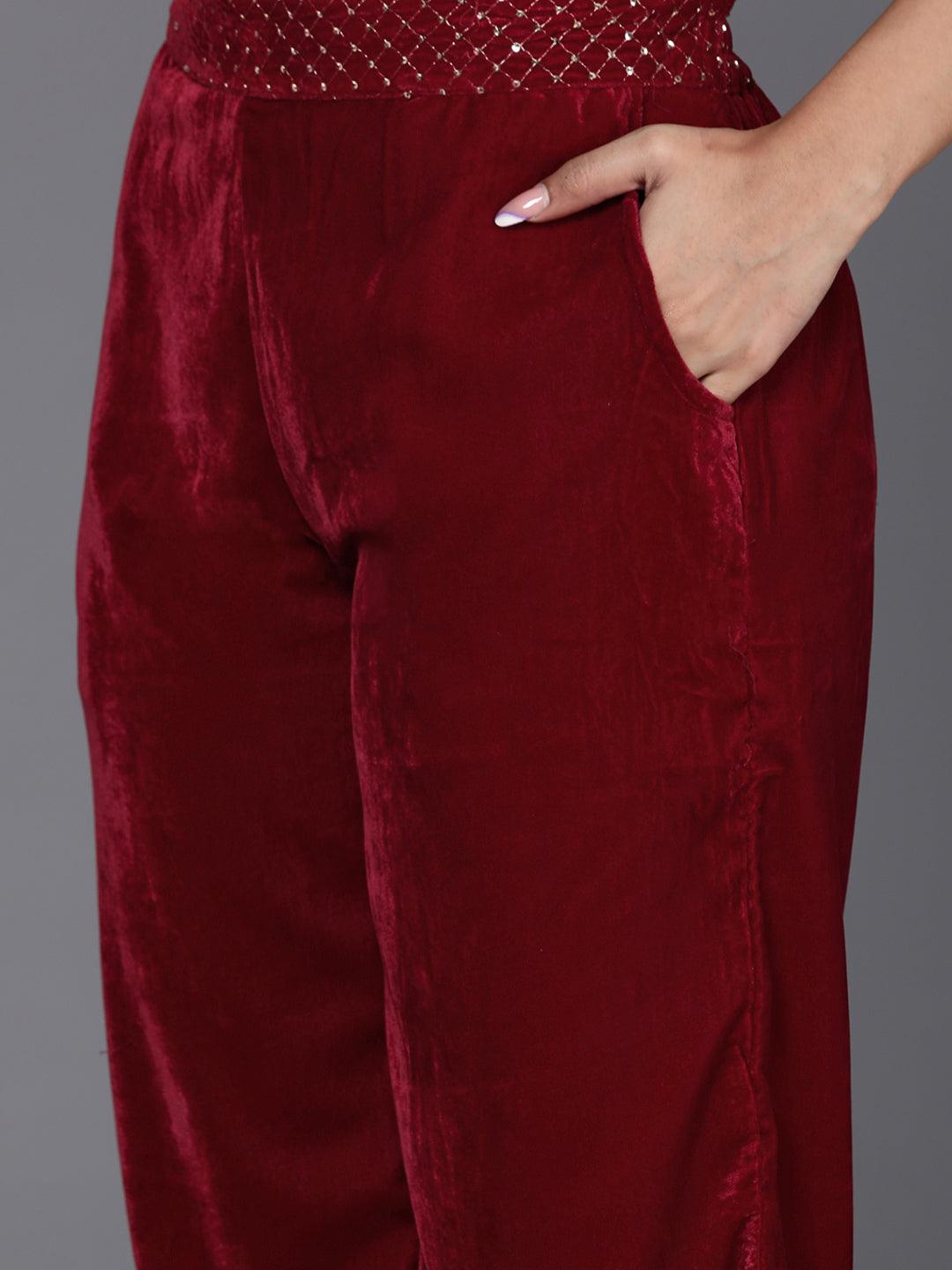 Maroon Embellished Polyester Co-Ords