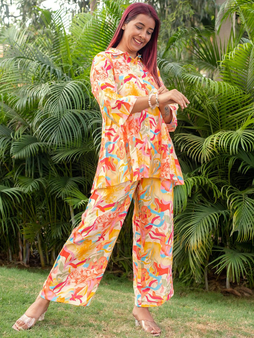 Multicoloured Printed Silk Blend Co-Ords