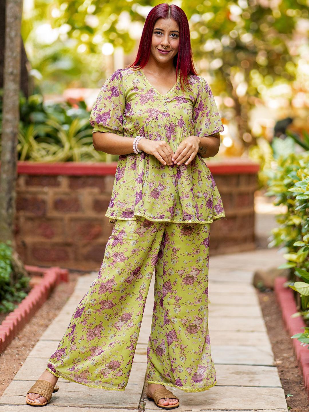 Green Printed Georgette Co-Ords