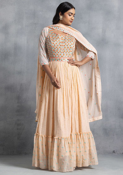 Peach Multicolour Geometric Embroidered Anarkali Kurta With Dupatta