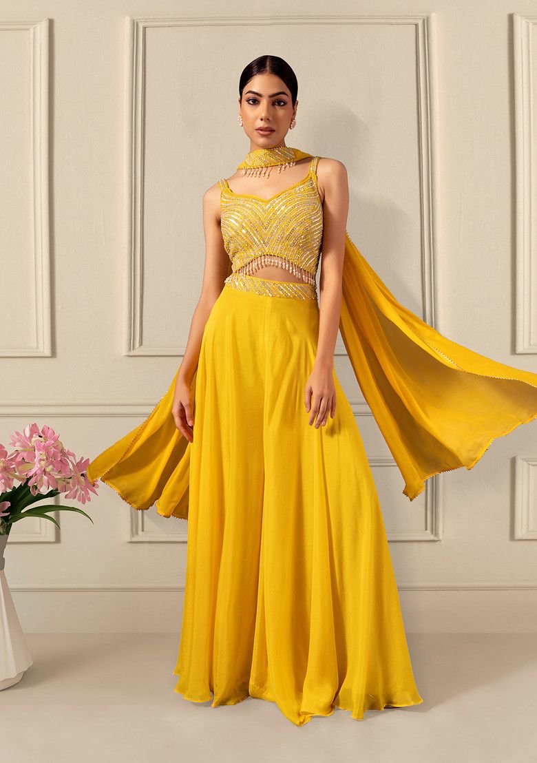 Yellow Palazzo Set With Tonal Sequin Embroidered Blouse And Dupatta