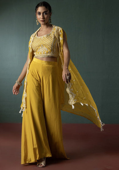 Yellow Sharara Set With Floral Thread Embroidered Blouse And Jacket