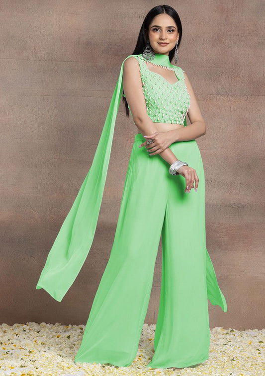 Green Palazzo Set With Pearl Hand Embroidered Blouse And Choker Dupatta