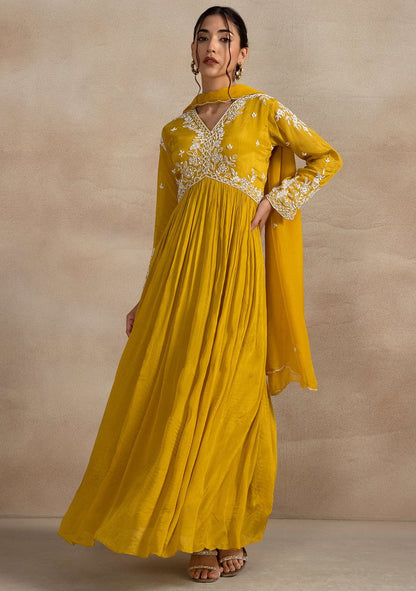 Mustard Cutdana Bead Embellished Kurta With Organza Dupatta