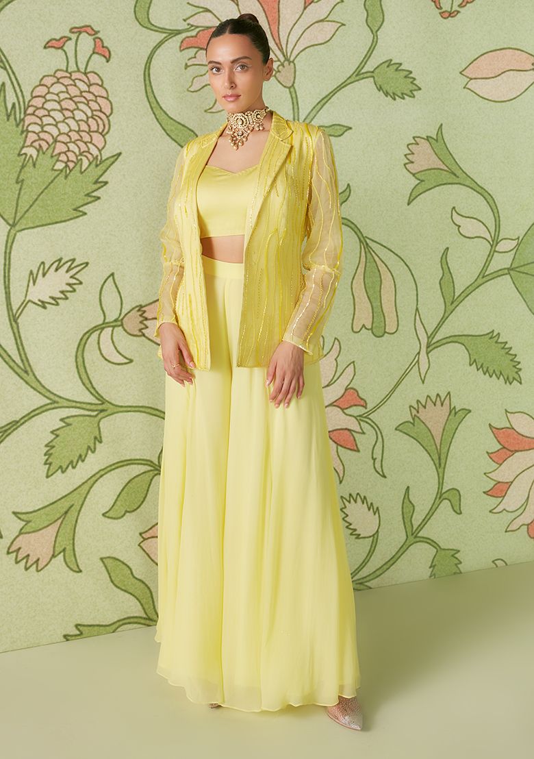 SANJEV MARWAAHA Daffodil Yellow Hand Embroidered Jacket Set