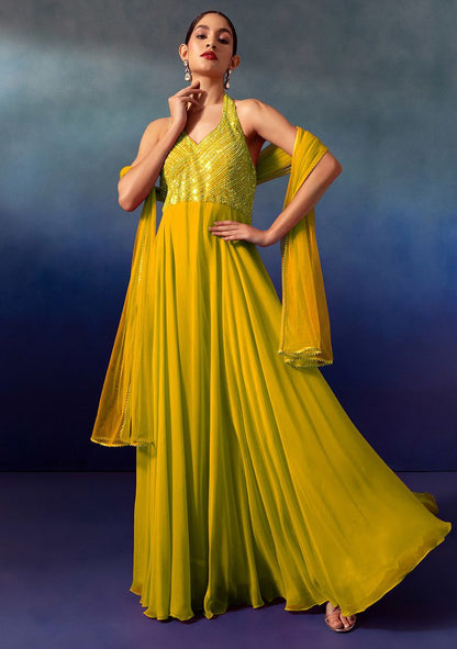 Yellow Sequin And Bead Embellished Halter Anarkali Gown With Dupatta