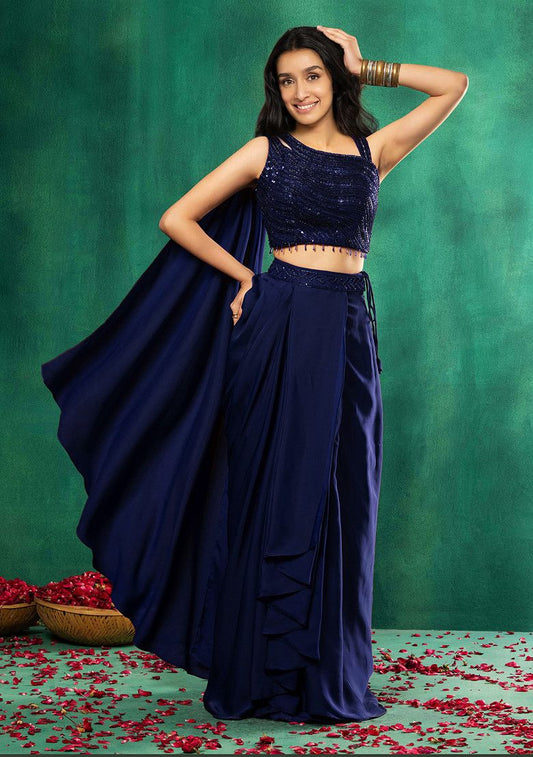 HAND EMBROIDERED Navy Blue Satin Pre-Stitched Saree Set With Abstract Sequin Embellished Blouse