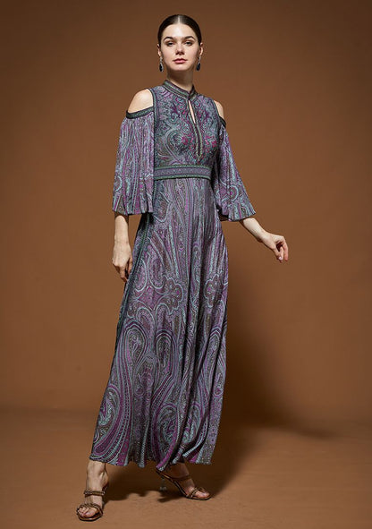 Purple Rhinestones Embroidered Bemberg Crepe Gown