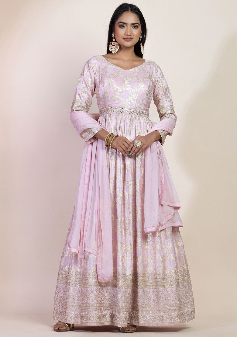 Light Pink Floral Print Brocade Anarkali With Dupatta