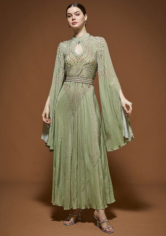 Pale Green Rhinestones Embroidered Bemberg Crepe Gown