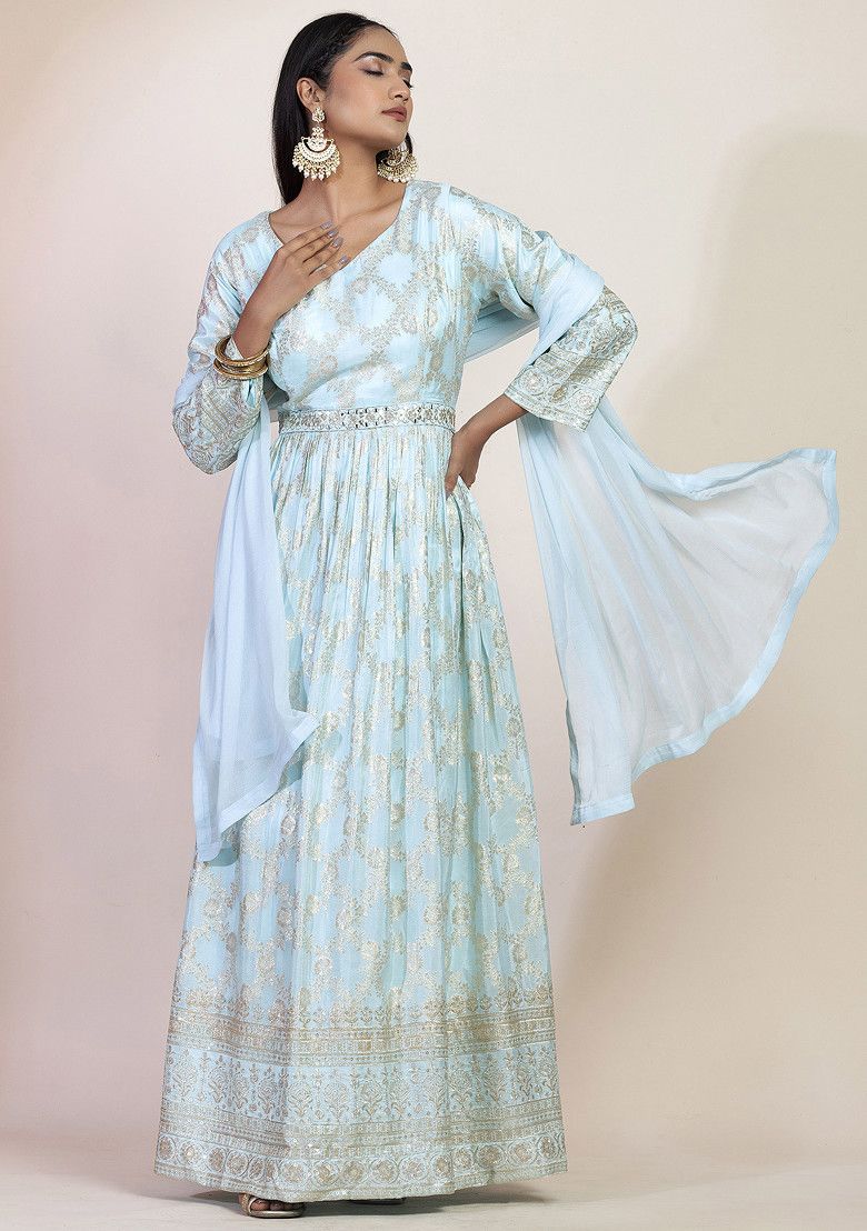 Pastel Blue Floral Print Brocade Anarkali With Dupatta