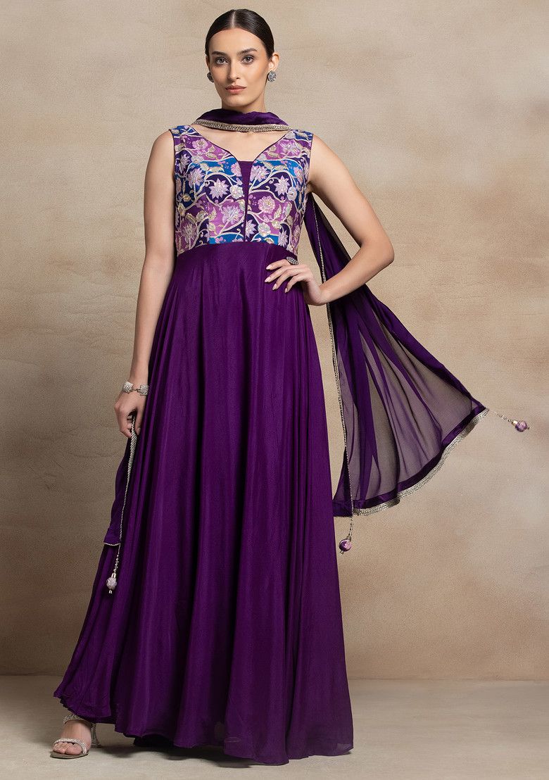 Purple Floral Sequin Embellished Anarkali With Dupatta