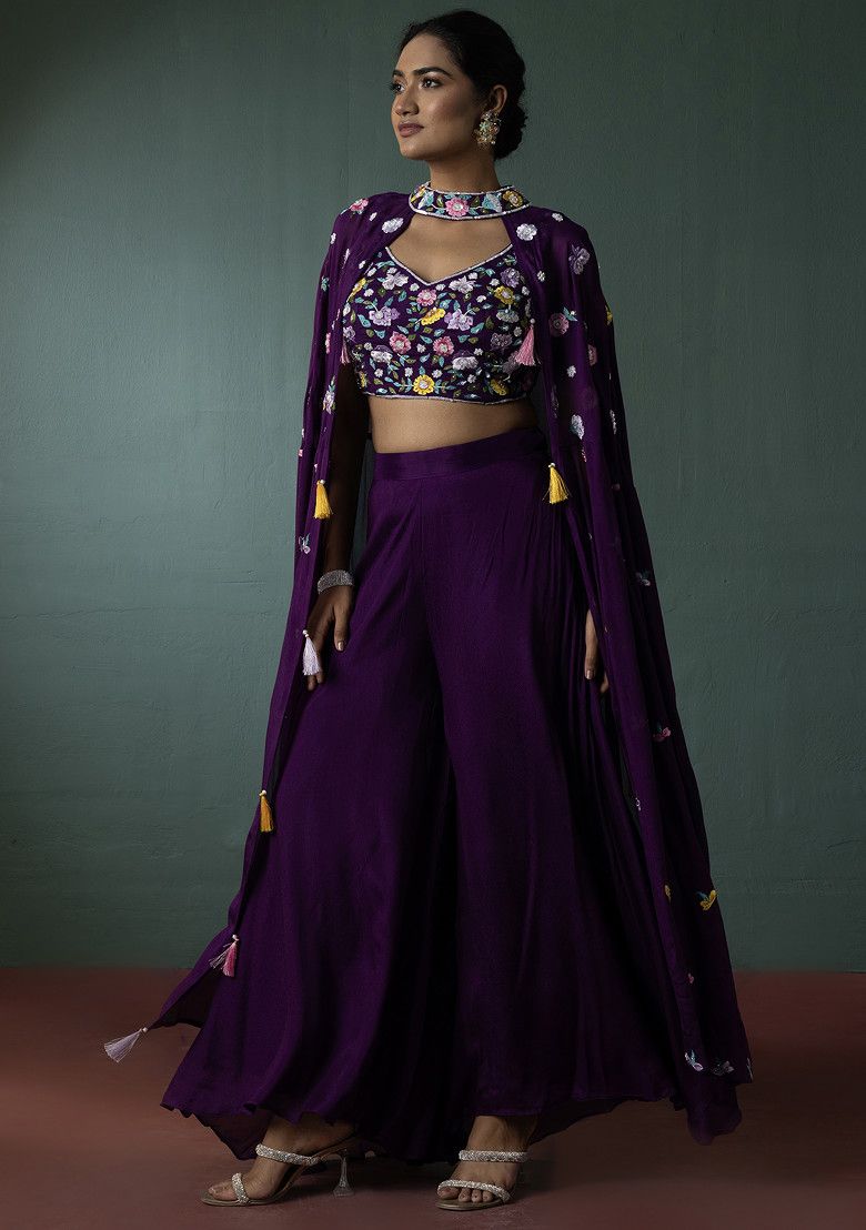 Purple Sharara Set With Floral Sequin Embellished Blouse And Jacket