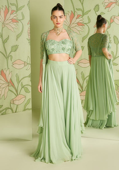 SANJEV MARWAAHA Sage Green 3D Embroidered Jacket Set