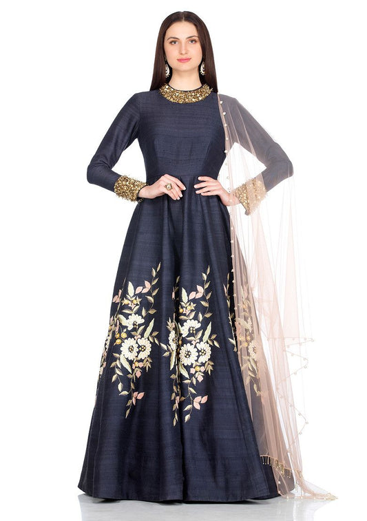 SALT AND SPRING Navy Blue Bouquet Embroidered Anarkali Gown