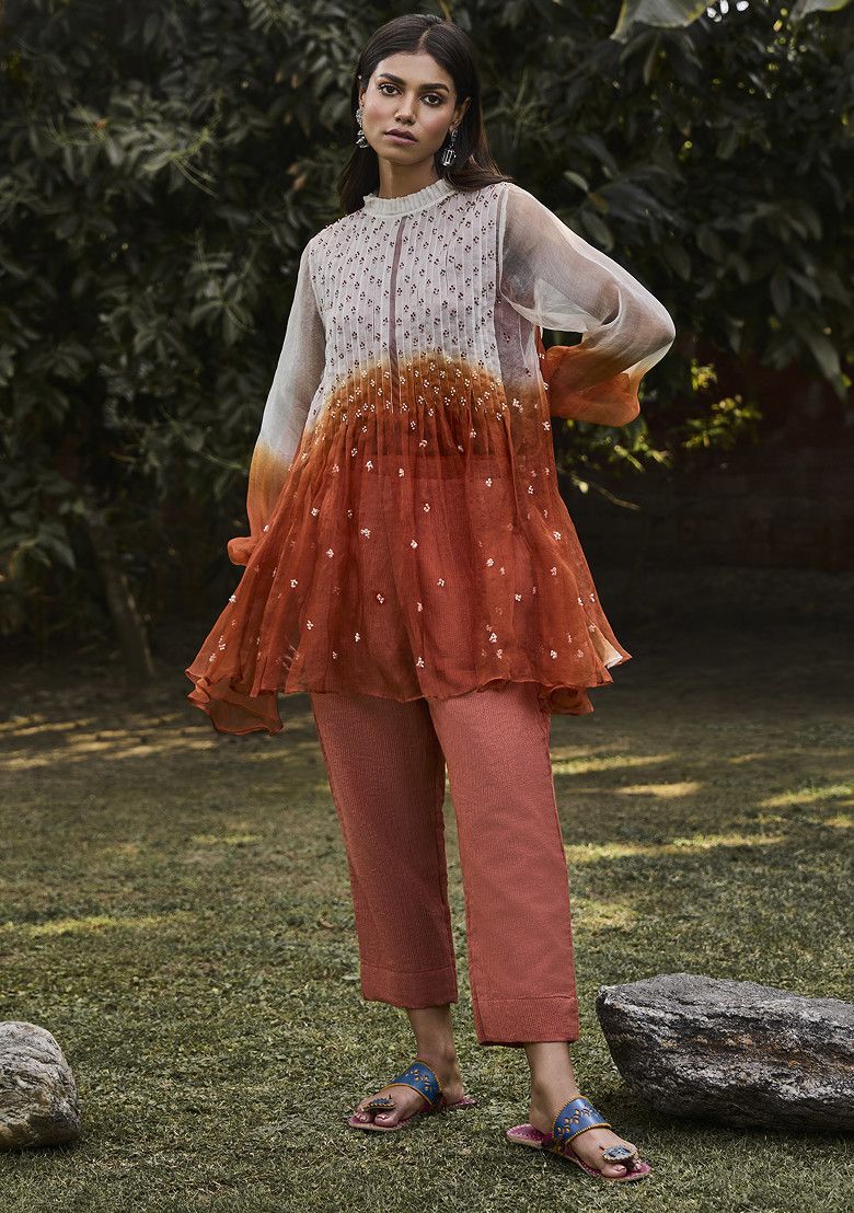 VAANI BESWAL Rust Embroidered Handwoven Organza Tunic Set