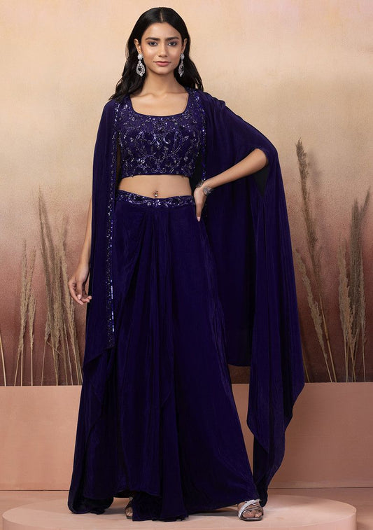 Indigo Blue Lehenga Set With Sequin Hand Work Blouse And Jacket