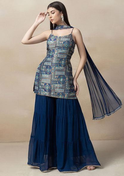 Teal Blue Sharara Set With Printed Embellished Kurta And Dupatta