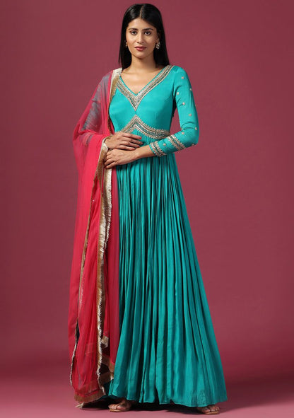 Teal Blue Zari Embroidered Anarkali Set