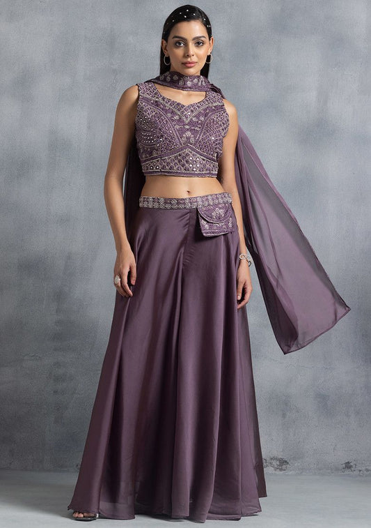 Purple Sharara Set With Floral Mirror Embellished Blouse And Dupatta