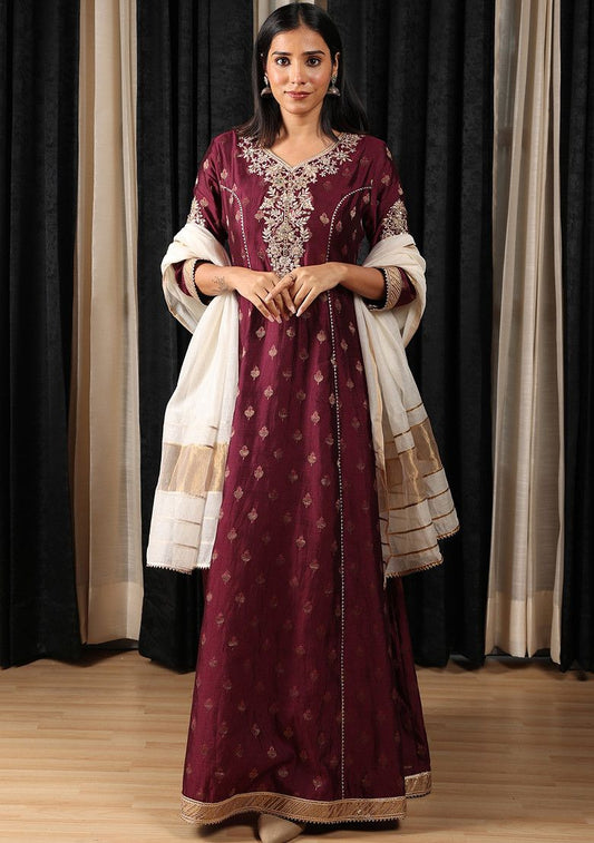 Maroon Embroidered Silk Chanderi Anarkali Set