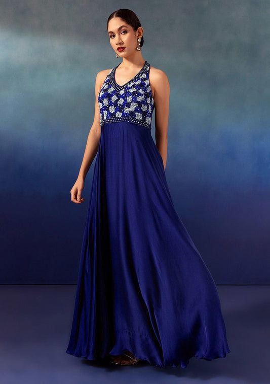 Navy Blue Sequin Hand Embroidered Satin Gown