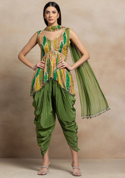 Green Zari Sequin Embellished Short Kurta Set With Dhoti Pants And Dupatta