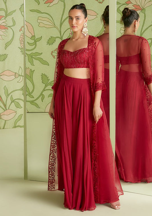 SANJEV MARWAAHA Cherry Red 3D Embroidered Jacket Set