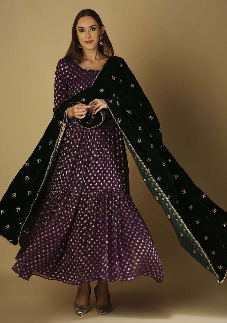 MONK AND MEI Purple Embroidred Anarkali Set