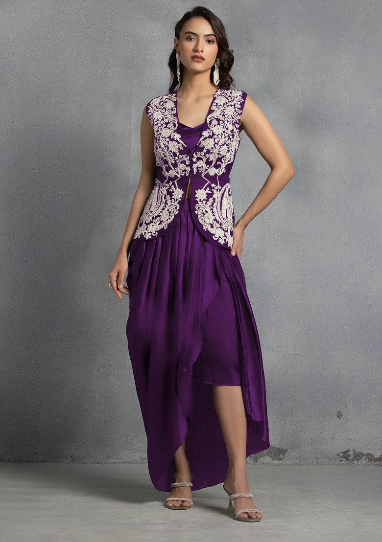 Purple Floral Hand Embroidered Jacket Set With Satin Blouse And Dhoti Skirt