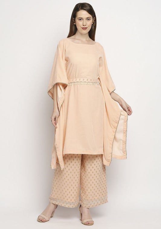 MONK AND MEI Peach Embroidrered Velvet Kaftan Set