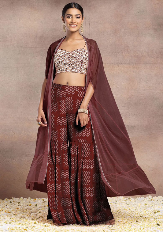 Maroon Sharara Set With Pearl Sequin Hand Embroidered Blouse And Mesh Jacket