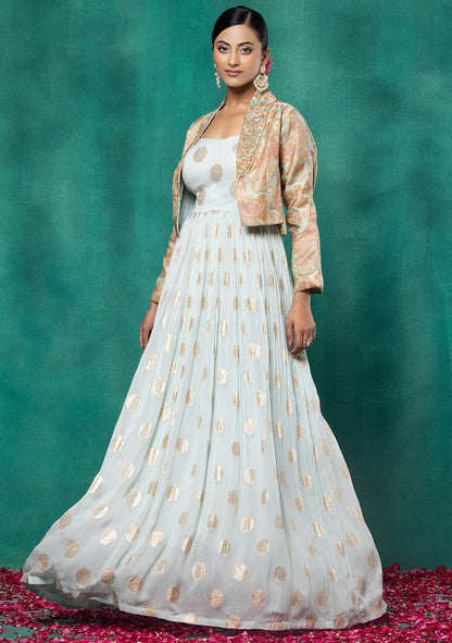 Light Green Printed Brocade Anarkali With Embroidered Short Jacket