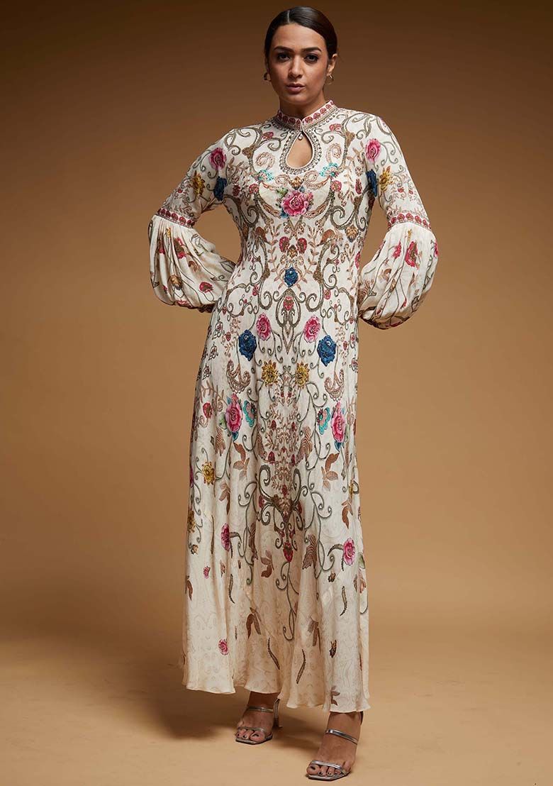 Ivory Printed Rhinestones Work Bemberg Crepe Gown