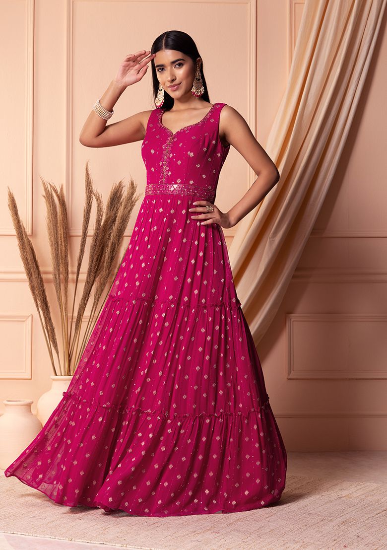 Hot Pink Sequin Embroidered Tiered Anarkali Gown