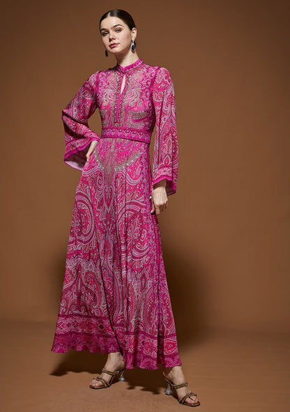 Fuchsia Printed Rhinestones Work Bemberg Crepe Gown