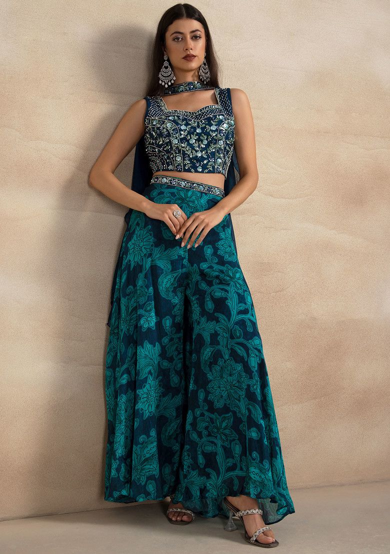 Blue And Green Floral Print Sharara Set With Mirror Embellished Blouse And Dupatta