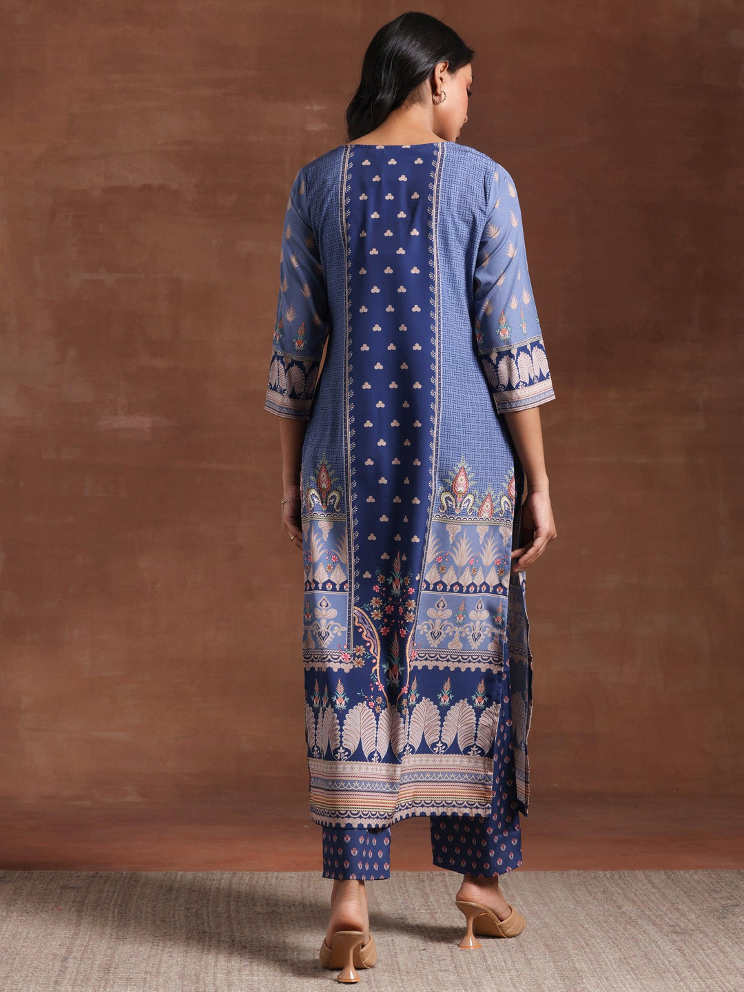 Blue Printed Crepe Straight Kurta Set