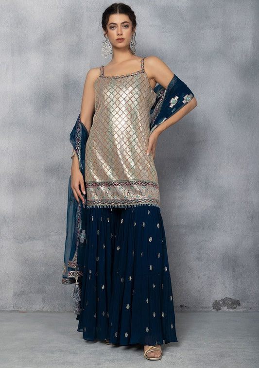 Teal Blue Sharara Set With Sequin Embellished Kurta And Mesh Dupatta