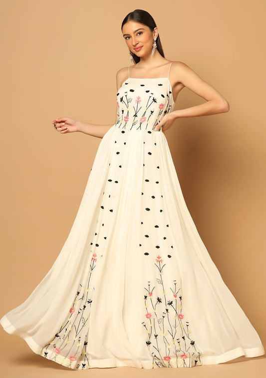 GYANS White Floral Embroidered Georgette Gown