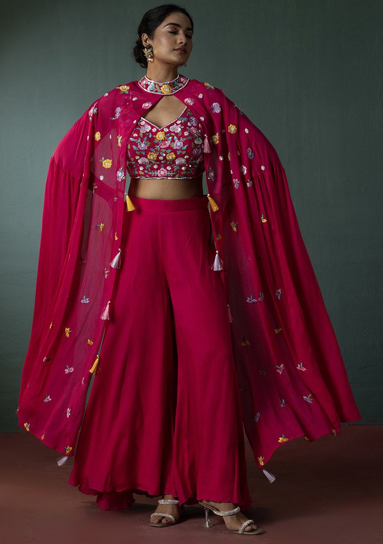 Red Sharara Set With Zari Embroidered Blouse And Embellished Dupatta