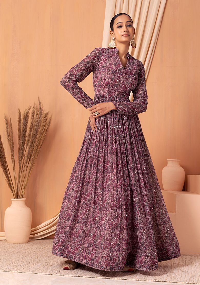 Dull Pink Abstract Print Mirror Embroidered Anarkali Gown With Belt