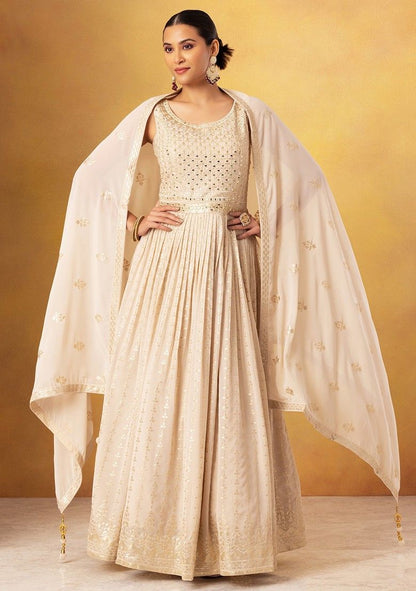 Ivory Mirror Embroidered Anarkali Gown With Embroidered Dupatta