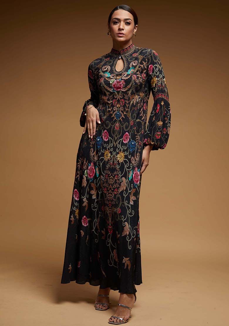 Black Printed Rhinestones Work Bemberg Crepe Gown