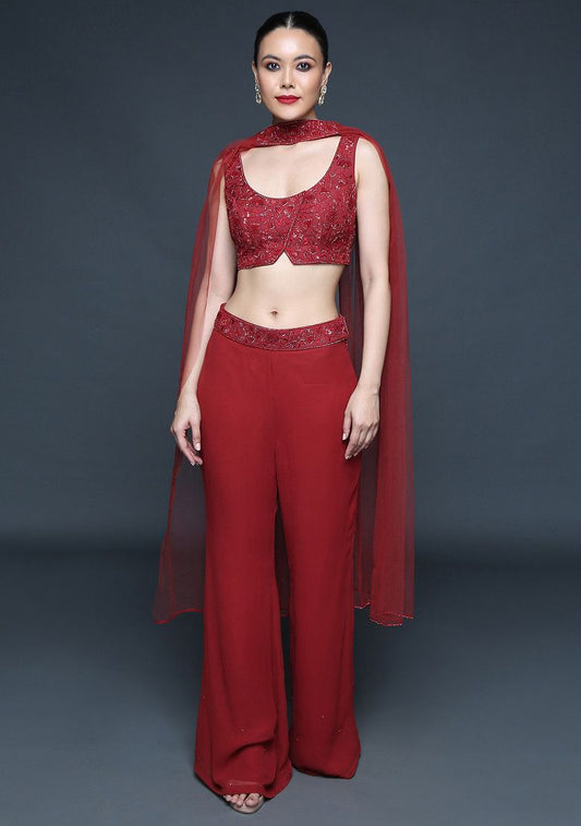 SANJEV MARWAAHA Mineral Red 3D Embroidered Fusion Set