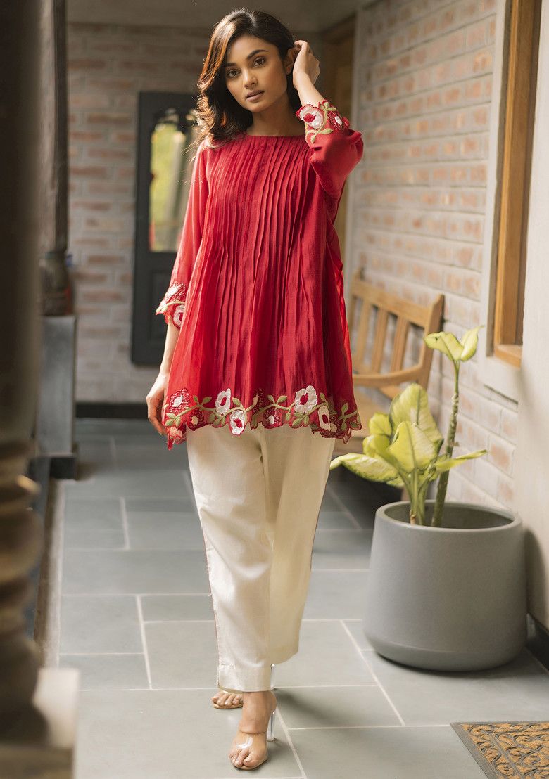 VAANI BESWAL Cherry Red Embroidered Handwoven Malai Chanderi Kurta And Pants Set