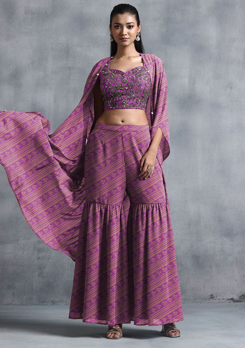 Deep Purple Jacket Set With Sequin Hand Embroidered Blouse And Sharara