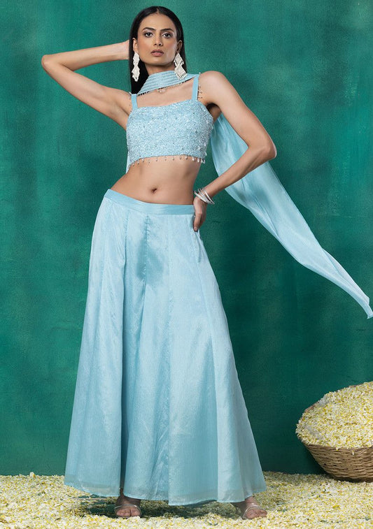 Seafoam Sharara Set With Sequin Pearl Hand Work Blouse And Choker Dupatta