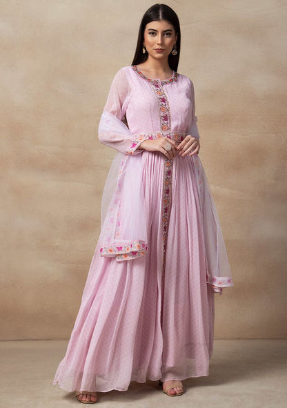 Pink Bead Embellished Anarkali Gown With Embellished Belt And Mesh Dupatta