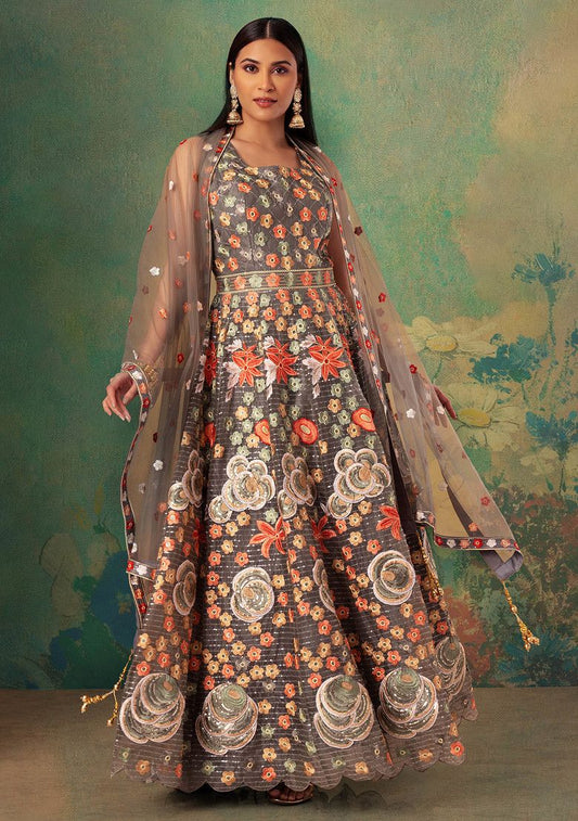 Grey Floral Thread Embroidered Organza Anarkali Gown With Dupatta